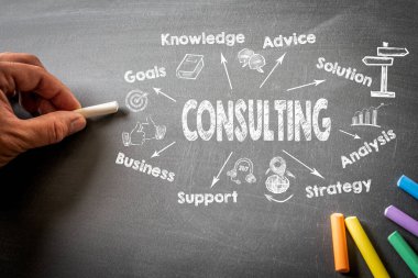 Consulting business concept. Chart with keywords and icons. Black chalk board.
