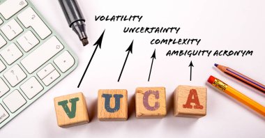 VUCA - Volatility Uncertainty Complexity Ambiguity acronym. White office desk.