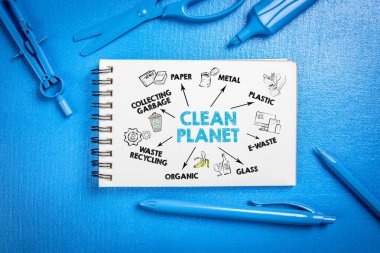 Clean Planet. Collection and recycling of waste concept. Chart with keywords and icons. Abstract blue office desk.