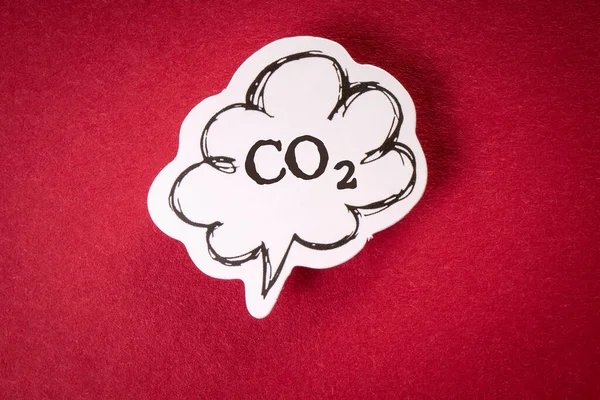 CO2 emissions carbon footprint climate change. Speech bubble on red background.