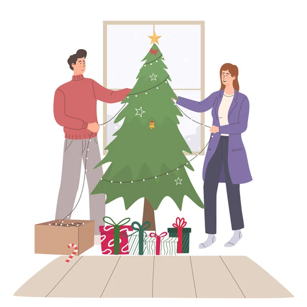 Joyeux Couple Décorant Arbre Noël Maison Ensemble — Image vectorielle