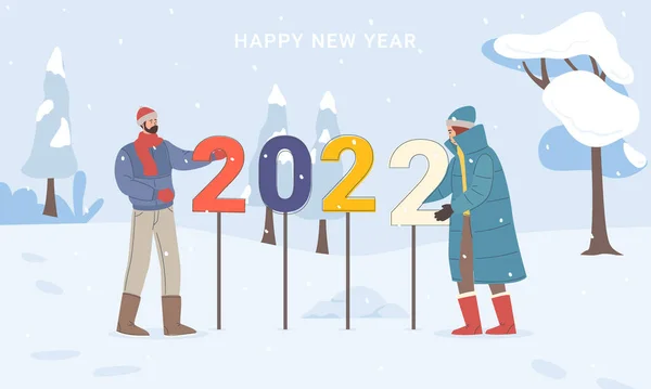 Szczęśliwego Nowego Roku 2022 Radosnych Ludzi Wielkie Liczby 2022 Ilustracja — Wektor stockowy