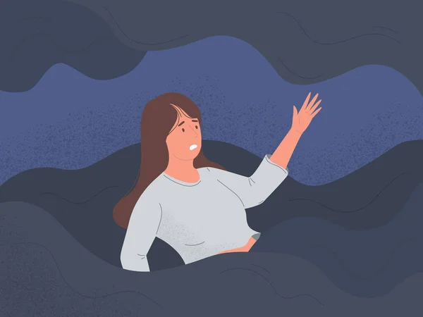 女性は悲しみのうつ病や精神的な問題のイラストで溺れる — ストックベクタ