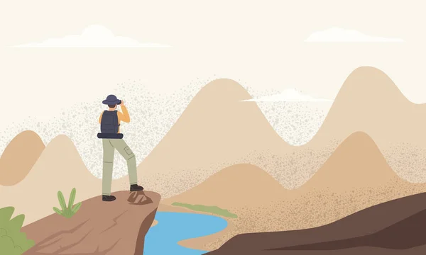 Путешественник Исследователь Стоящий Вершине Горы Скалы Смотрящий Долину — стоковый вектор