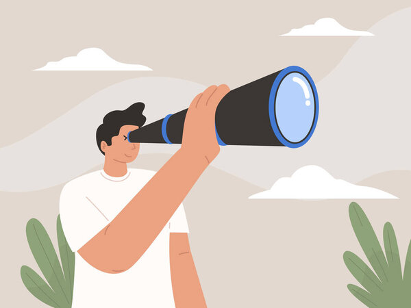 Young curious woman holding binoculars in hand and looking far away — Stock Illustration Young Curious Woman Holding Binoculars Hand Looking Far Away — Stock Vector
