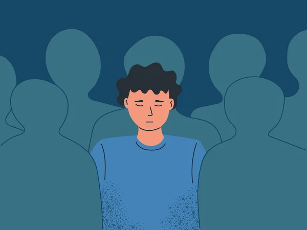 Unhappy young man feel lonely abandoned in crowd