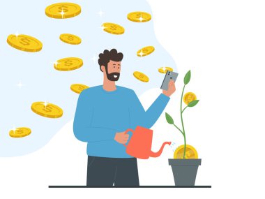 Akıllı telefonu olan bir adam internetten para kazanıyor. Pasif gelir kavramı