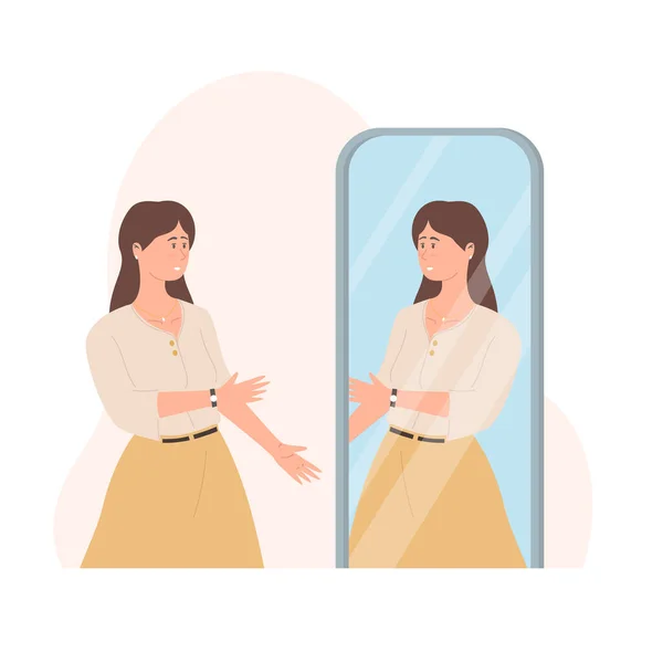 Güzel Bir Kız Aynaya Bakar Genç Kadın Aynadaki Yansıması — Stok Vektör