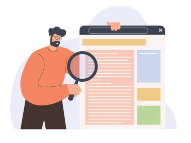 Web analizi ve CEO konsepti. Kişi kontrolü, büyüteçle SERP analizi
