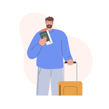 Pasaportu, bileti ve bagajı olan bir adam. tatil kavramı