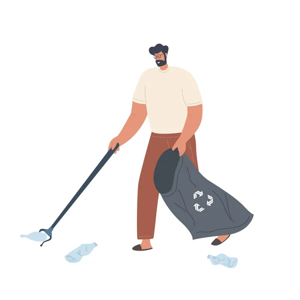 Εθελοντής Μαζεύει Σκουπίδια Σακούλες Σκουπιδιών Ακτιβιστής Μαζεύει Σκουπίδια — Διανυσματικό Αρχείο