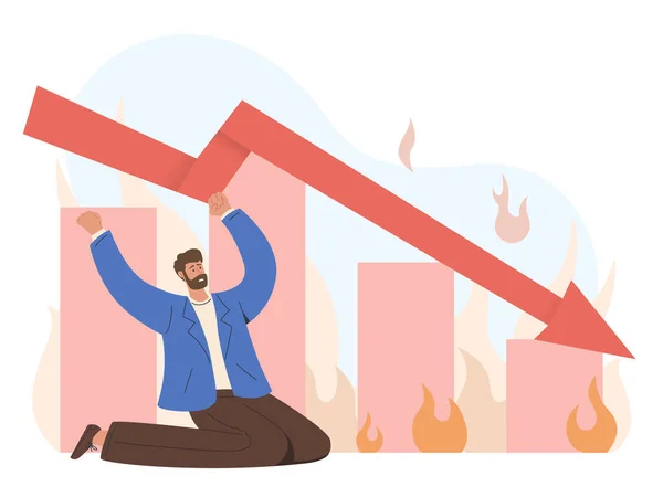 Bankruptcy Concept Panic Businessman Losing Profits Falling Arrow — Stock vektor