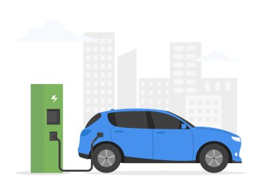 Şarj istasyonunda elektrikli araba şarj ediliyor. Elektrohareketlilik konsepti