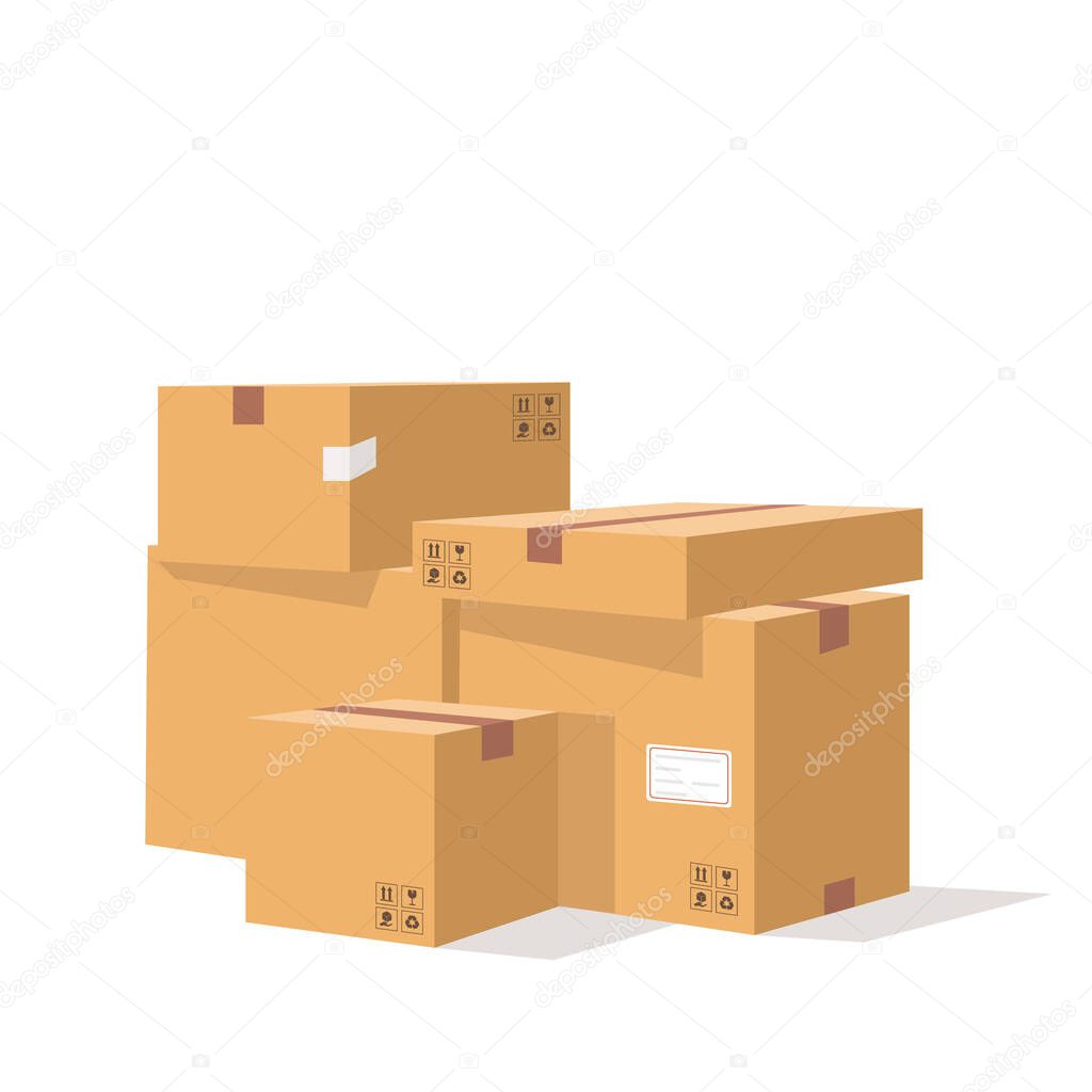Pile of stacked sealed goods cardboard boxes isolated on white background