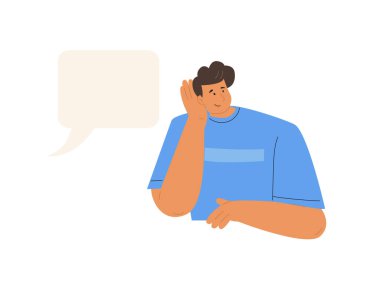 Sağırlık kavramı. Genç adam gülümser ve elini kulağına yaklaştırır.