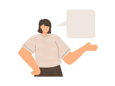 Gözlüklü hoş bir iş kadını bir şey gösteriyor.