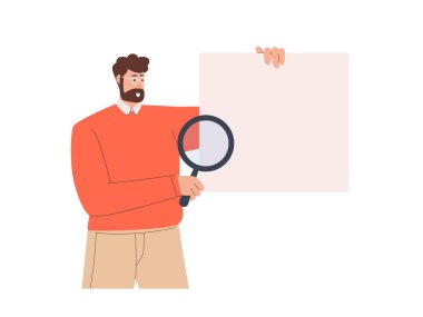 Büyüteçle analiz eden boş beyaz tahta tutan ya da gösteren bir adam.