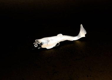 Siyah arka planda izole edilmiş plastik balık yemi olan yuvarlak ağırlıklı bir kafa kancası. Levrek oltası için Walleye oltası