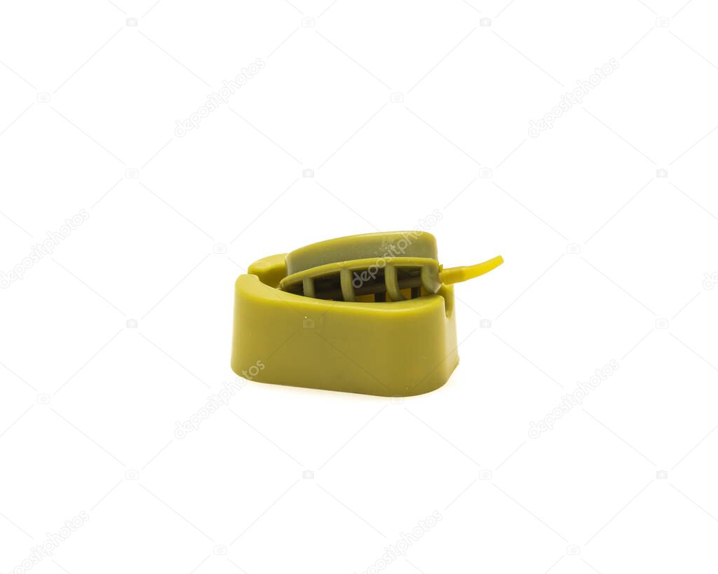 Single inline flat feeder and quick release mound for carp fishing bait holder tool isolated on white background. Croch fishing tackle accessories.