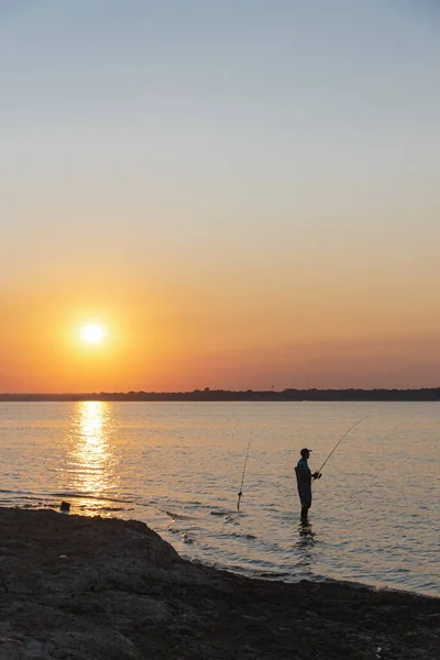 Silhouette Asian Man Boot Hat Fishing Sunrise Lavon Lake Dallas — Stock Photo, Image
