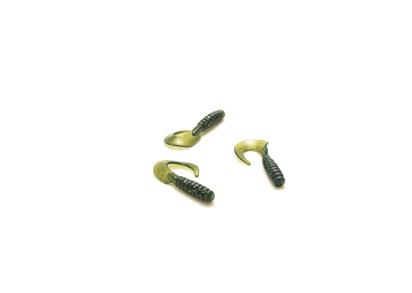 Tres Larvas Copos Rojos Amarillos Verdes Atraen Pesca Rizan Plantilla —  Fotos de Stock