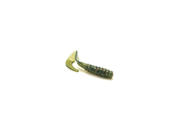 One Green Yellow Red Flake Grub Fishing Lure Curl Tail — Stock Photo, Image