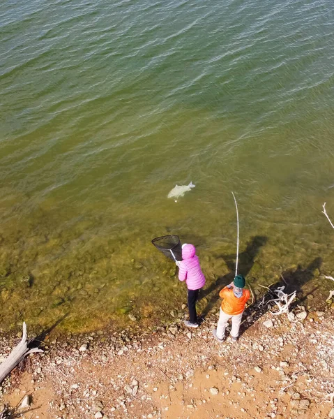 Aerial View Senior Couple Fishing Wait Land Smallmouth Buffalo Fish — Stock Photo, Image