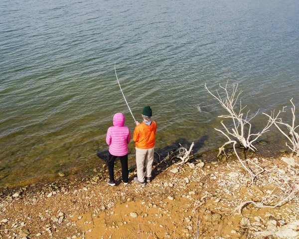 Aerial View Senior Asian Couple Reeling Smallmouth Buffalo Fish Lake — Stock Photo, Image