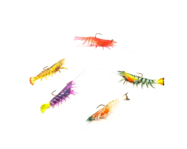 Colorful Multiple Typical Artificial Shrimp Lures Lifelike Swim Bait Fishing — Fotografia de Stock