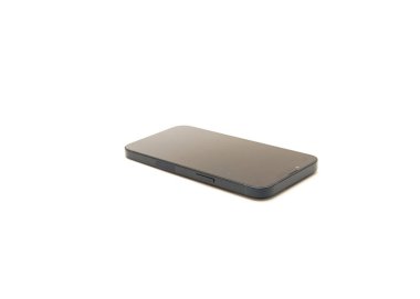 COPPELL, TX, ABD-JAN 4, 2022: Güç düğmesini gösteren cihazın sağ tarafı ve Apple iPhone 13 'te oval şekilli 5G sinyalleri beyaz arkaplanda izole edilmiş yeni gece yarısı rengi
