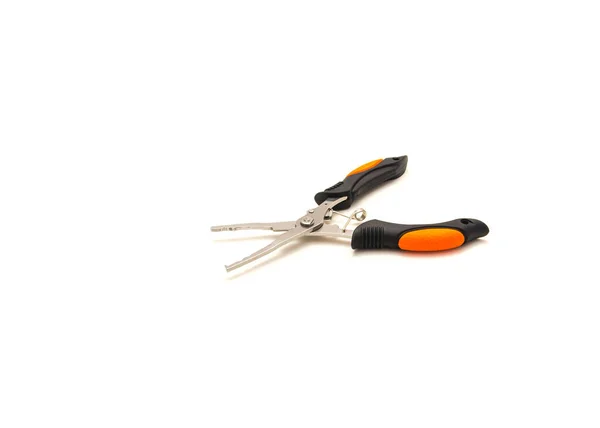 开不锈钢捕捞钳与橡胶手握隔离在白色背景 带有弹簧和锁匙的橙色和黑色钳子 — 图库照片