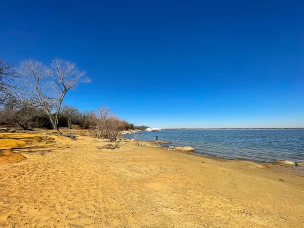 晴れた青空の日に冬の釣りロッドの行を持つレイクルイスビルの美しい砂浜の海岸線 テキサス州ダラス近くのレクリエーション湖と貯水池 — ストック写真