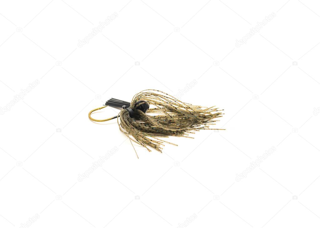 Side view football jig mimics crayfish with ultra-point hook isolated on white background. Bottom dragging lure for bass fishing.