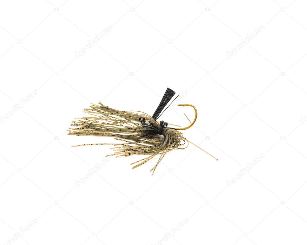 Top view football jig mimics crayfish with ultra-point hook isolated on white background. Bottom dragging lure for bass fishing.