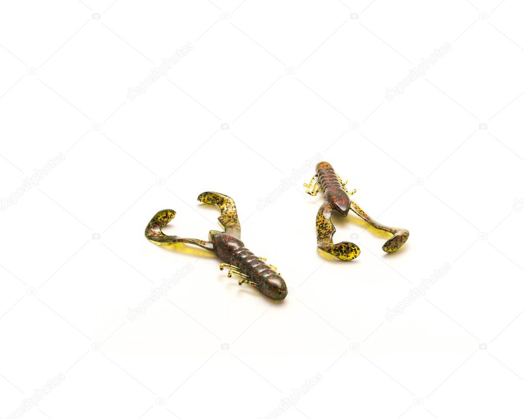Two plastic crawfish lures in watermelon with red flake color for