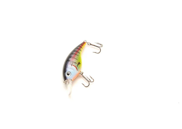白い背景に隔離された網掛けクランク餌釣りの魅力 鋭いトレブルフックと鮮やかな色を持つハードベイト人工ルアー — ストック写真