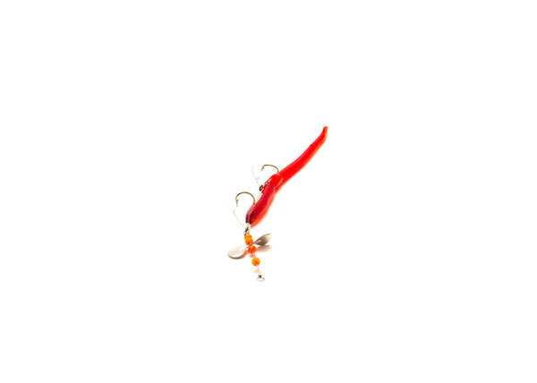 Pre-Rigged scoundrel worm bass lure isolated on white background. Propeller blade for water displacement and plastic beads for flash and vibration, weedguards protecting hooks