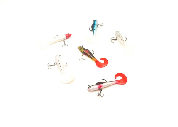 Multiple jig head soft swimbait fishing lures with big soft tail isolated on white — Fotografia de Stock