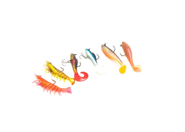Mix of jig head soft swimbait, paddle tail and shrimp lures isolated on white — Stockfoto