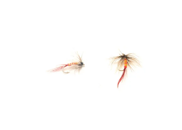 Two Fly Fishing Lures Different Files Colors Hook Sizes Isolated — Stockfoto