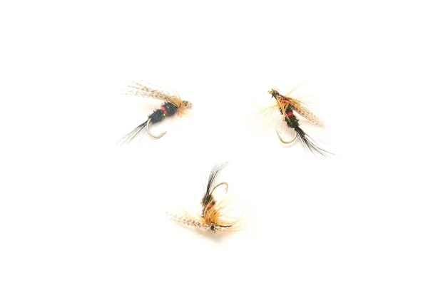 Three Fly Fishing Lures Different Files Colors Hook Sizes Isolated — Stock Fotó