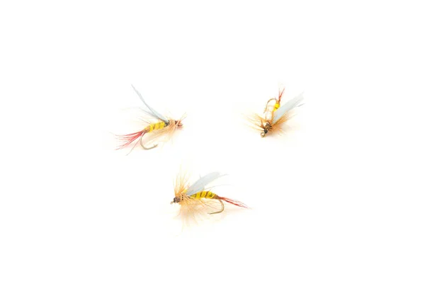 Τρία Δολώματα Αλιείας Μύγας Διαφορετικά Αρχεία Χρώματα Και Μεγέθη Γάντζων — Φωτογραφία Αρχείου