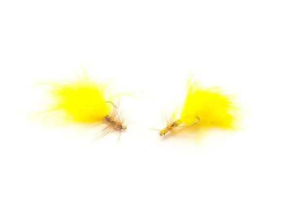 Two Fly Fishing Lures Different Files Colors Hook Sizes Isolated — 스톡 사진