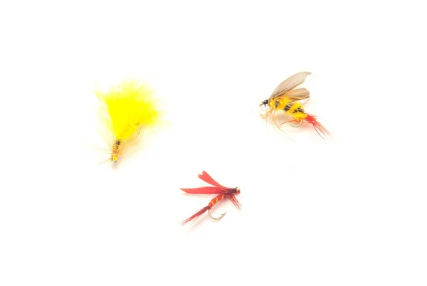 Three Fly Fishing Lures Different Files Colors Hook Sizes Isolated — Stockfoto