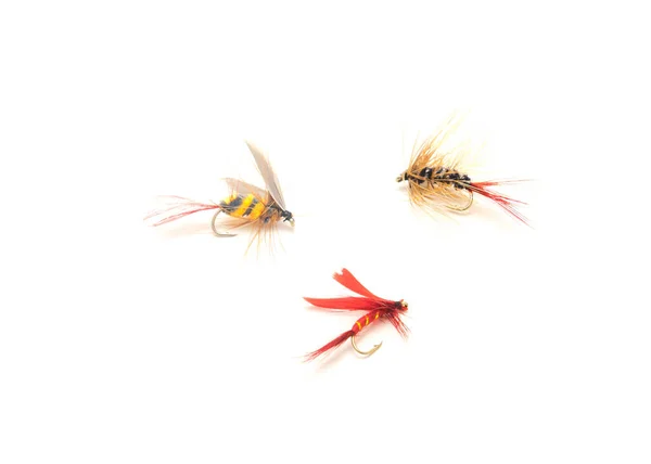 Three Fly Fishing Lures Different Files Colors Hook Sizes Isolated — Stockfoto