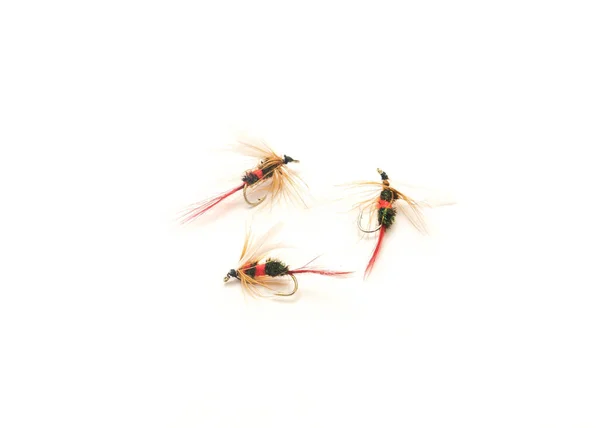 Three Fly Fishing Lures Different Files Colors Hook Sizes Isolated — Stockfoto