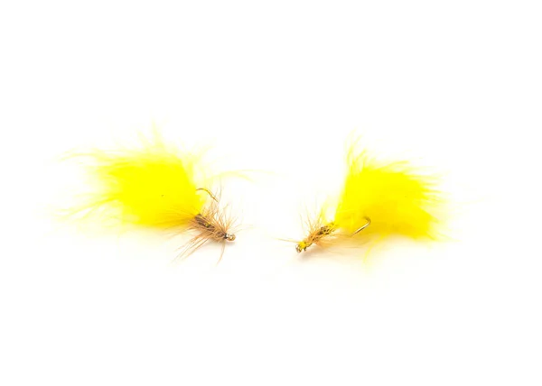 Δύο Δολώματα Αλιείας Μύγας Διαφορετικά Αρχεία Χρώματα Και Μεγέθη Γάντζων — Φωτογραφία Αρχείου