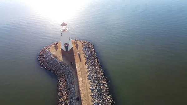 Aerial view popular Lighthouse with tourist at Lake Hefner, northwestern Oklahoma City, Oklahoma, USA. 36 feet tall building inspired by a 1700s New England lighthouse