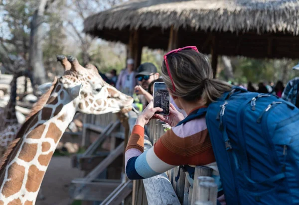 Visão Traseira Mãe Não Identificada Com Mochila Usando Telefone Inteligente — Fotografia de Stock