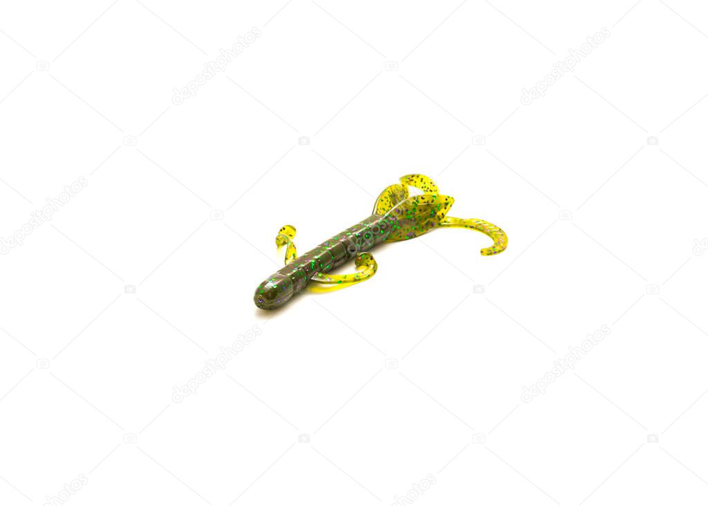 One plastic critter lure for swimming creature bait isolated on white background. Big flappers with swimming arms and double curltails for artificial bass fishing terminal tackle.